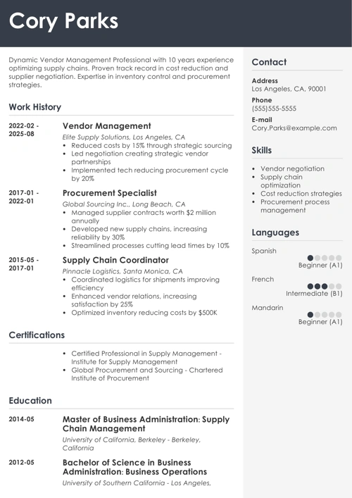 vendor management resume example