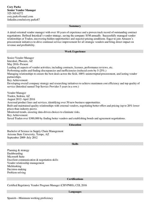 vendor management resume example