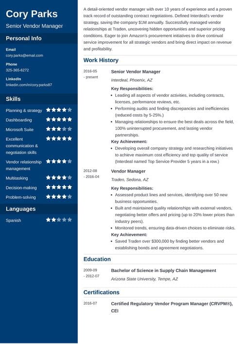 vendor management resume example