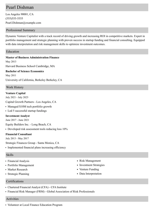 venture capital resume example