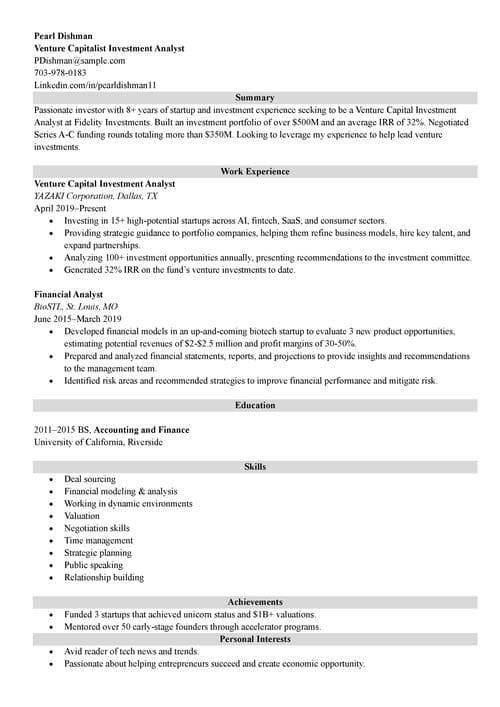 venture capital resume example