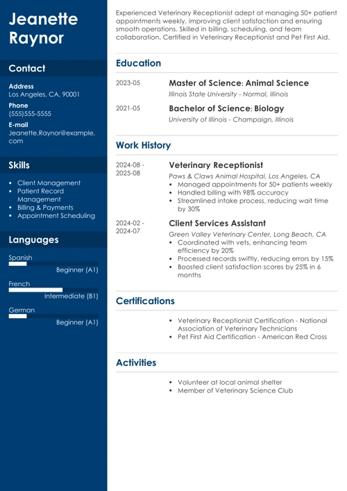 veterinary receptionist resume example