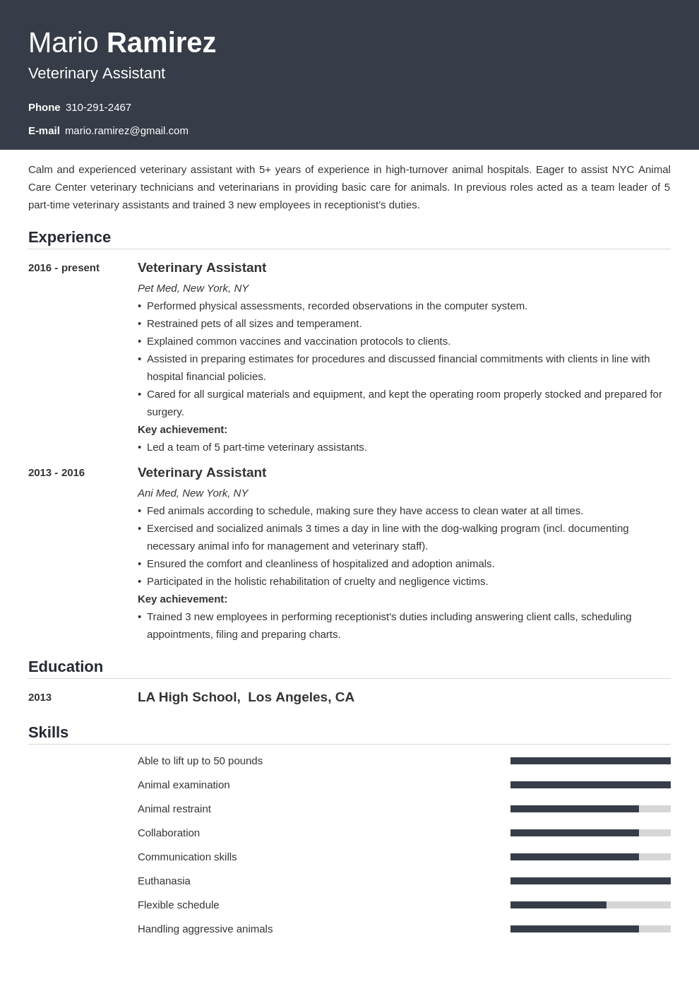 vet tech resume summary examples