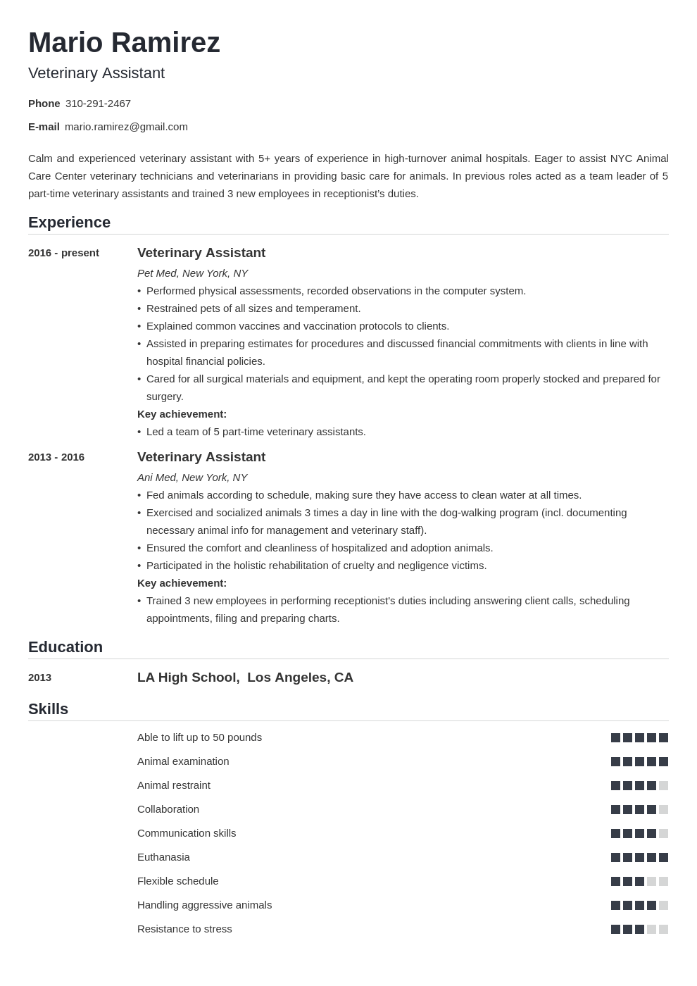 summary for resume veterinary assistant