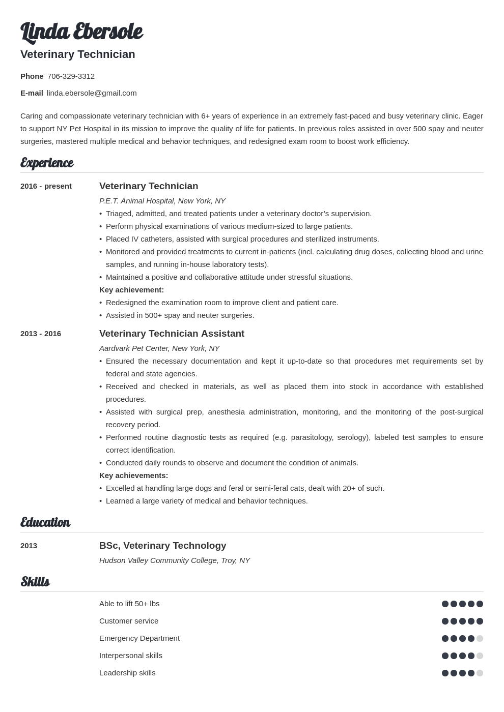 Veterinary Technician Resume Samples for a Vet Tech in 2024