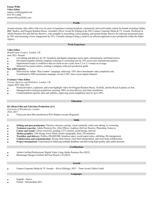 video editor CV example from Zety UK CV templates