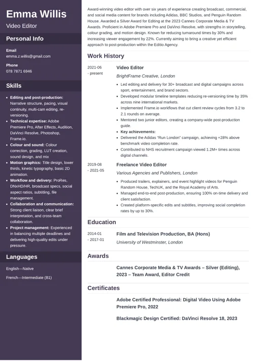 video editor CV example from Zety UK CV templates