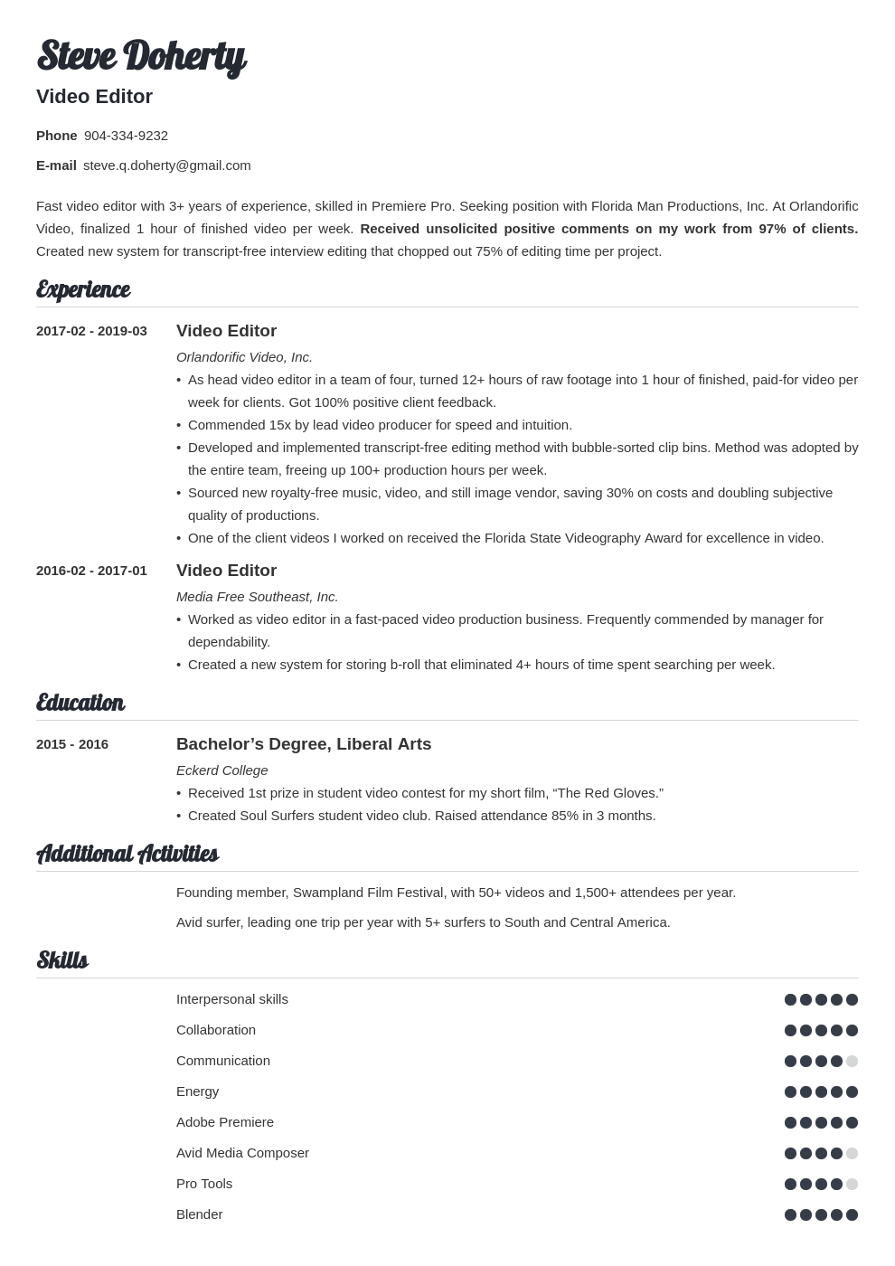 Sample Resume For Video Editor Sutajoyoa