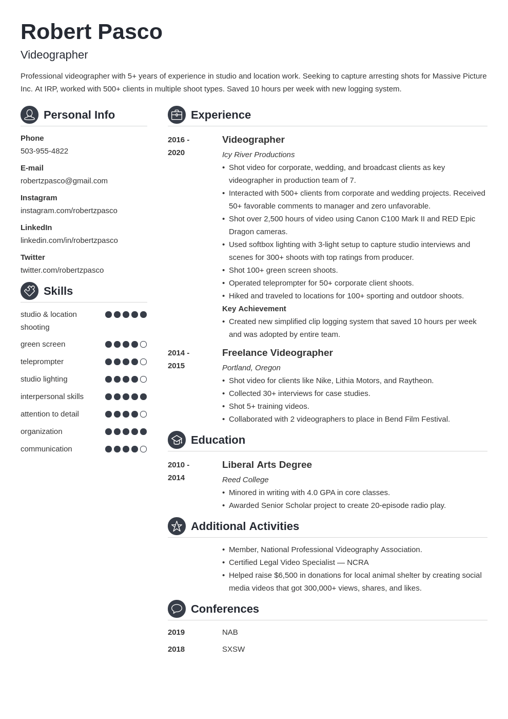 videographer resume example template crisp