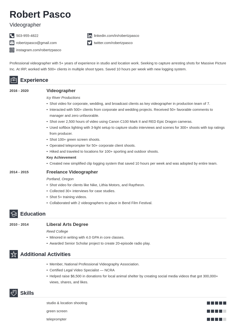 videographer resume example template iconic