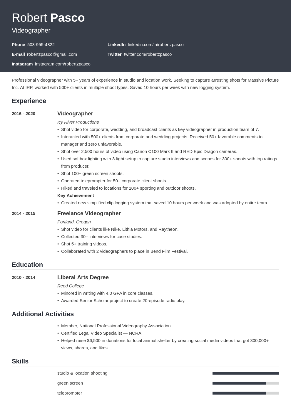 videographer resume example template influx