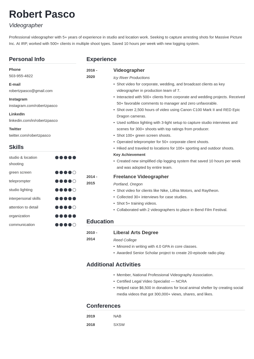 videographer resume example template simple