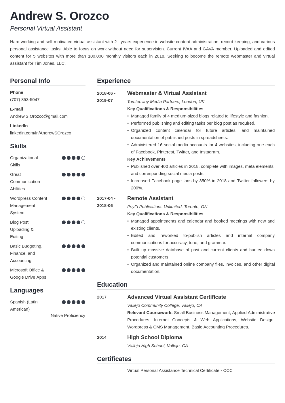 virtual assistant resume example template simple