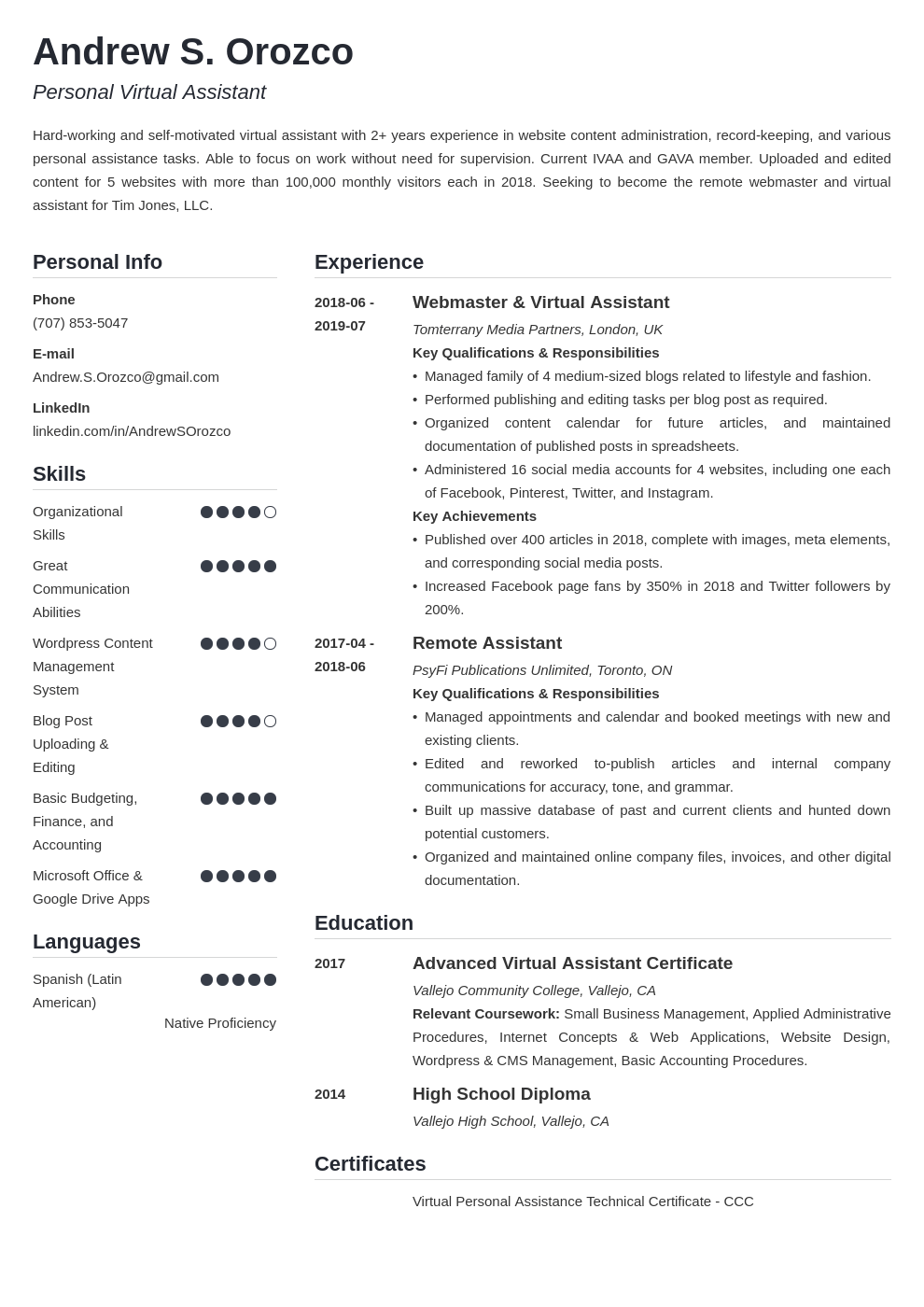 sample resume of a virtual assistant