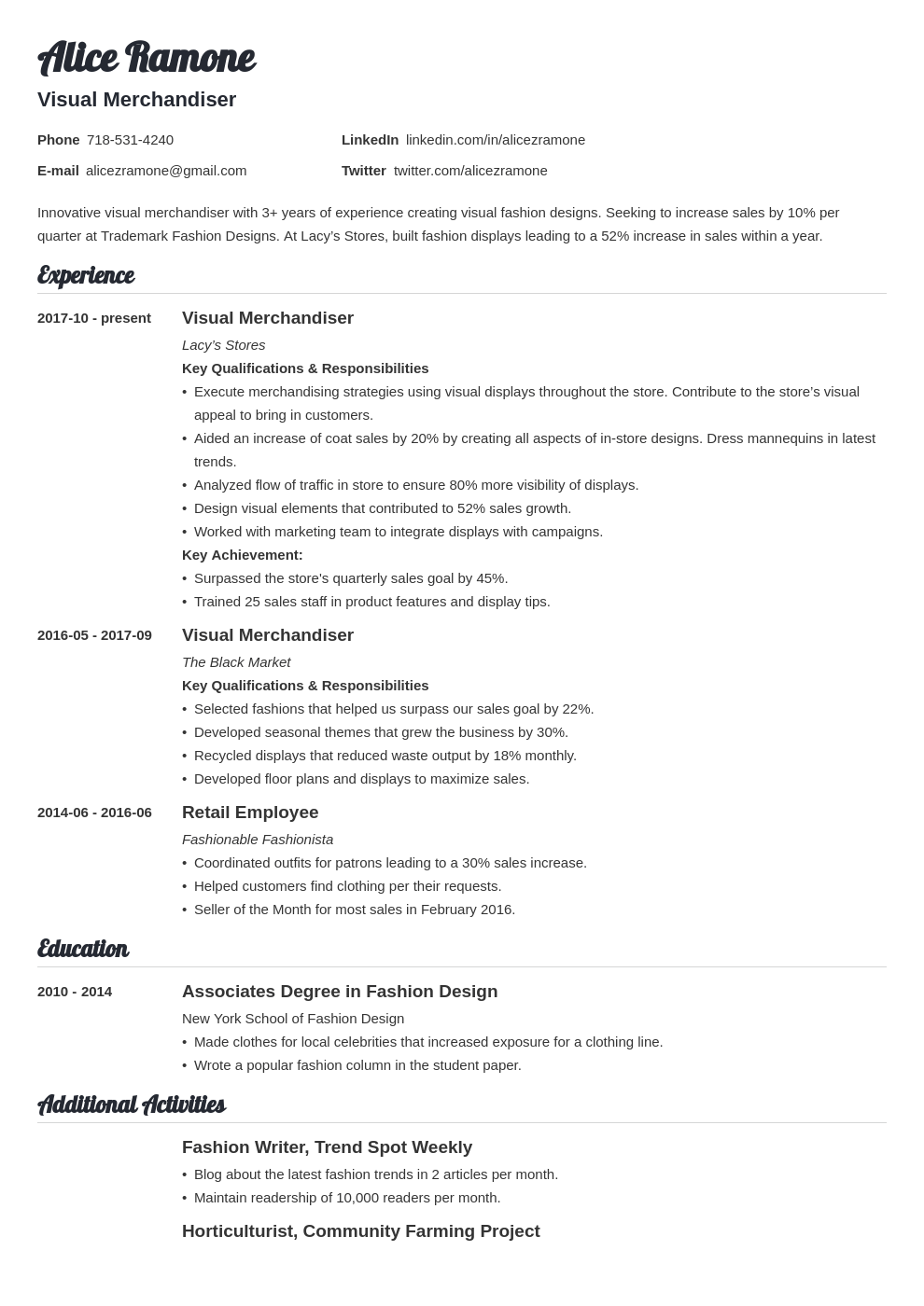 Visual Merchandiser Senior Client Advisor Resume Sample