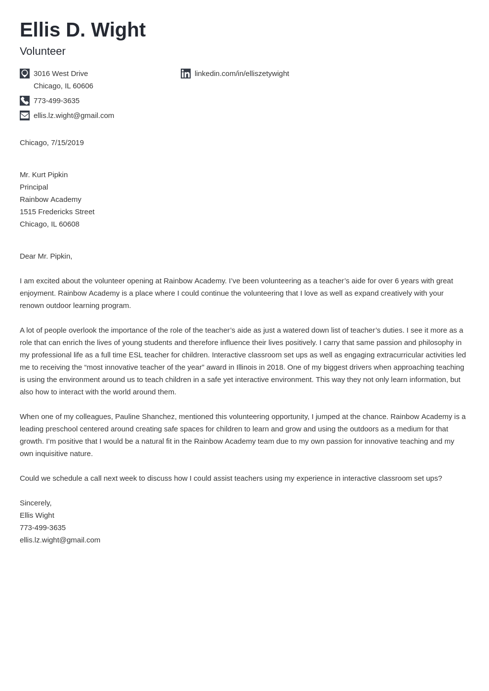 School Volunteer Letter   Volunteer Cover Letter Example Template Iconic 