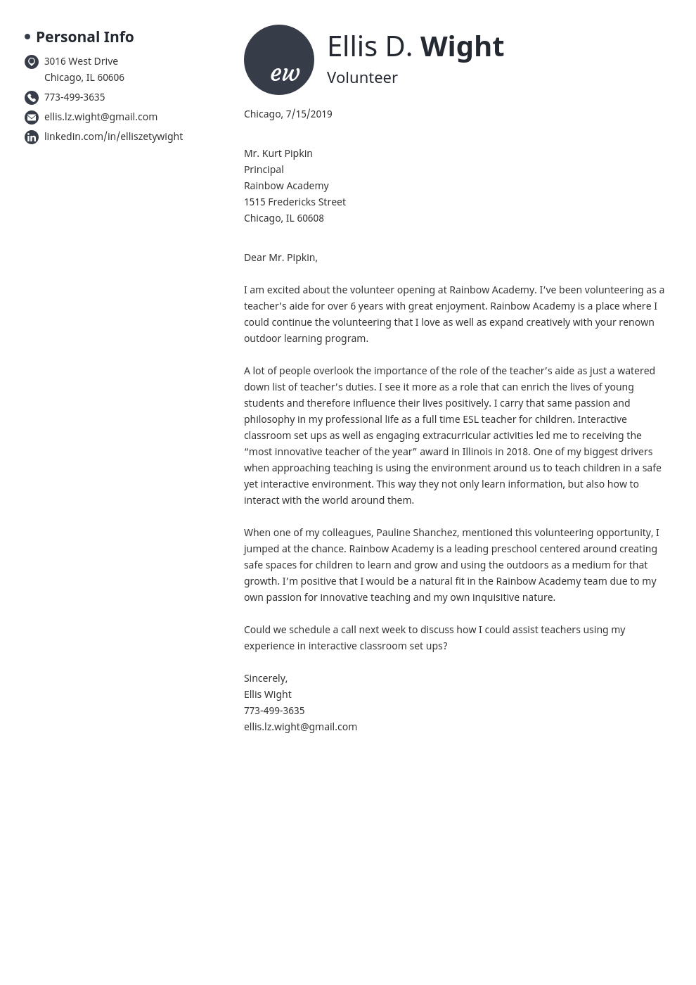 volunteering cover letter examples