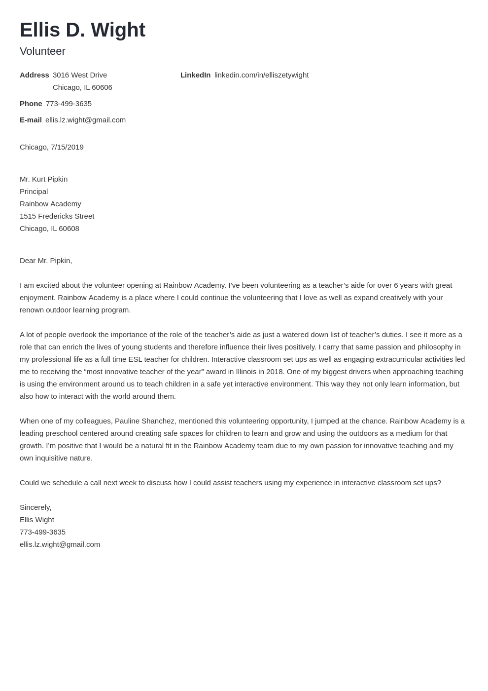 example of application letter for volunteer work