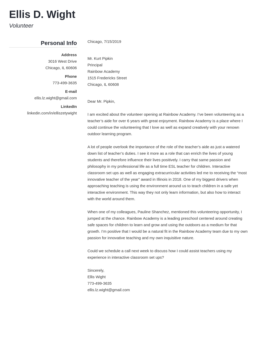 sample cover letter for volunteer work