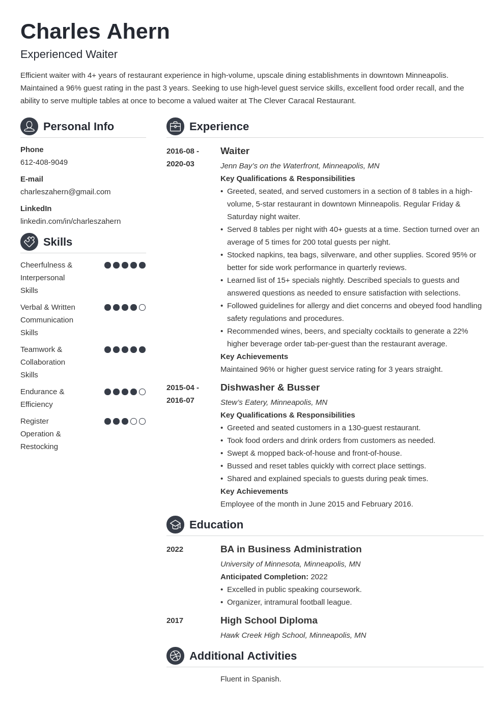 Server Resume Description Examples Terrykontiec