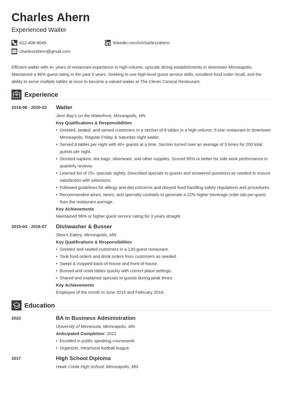 Waiter Resume Examples & Guide (+Skills & Job Description)