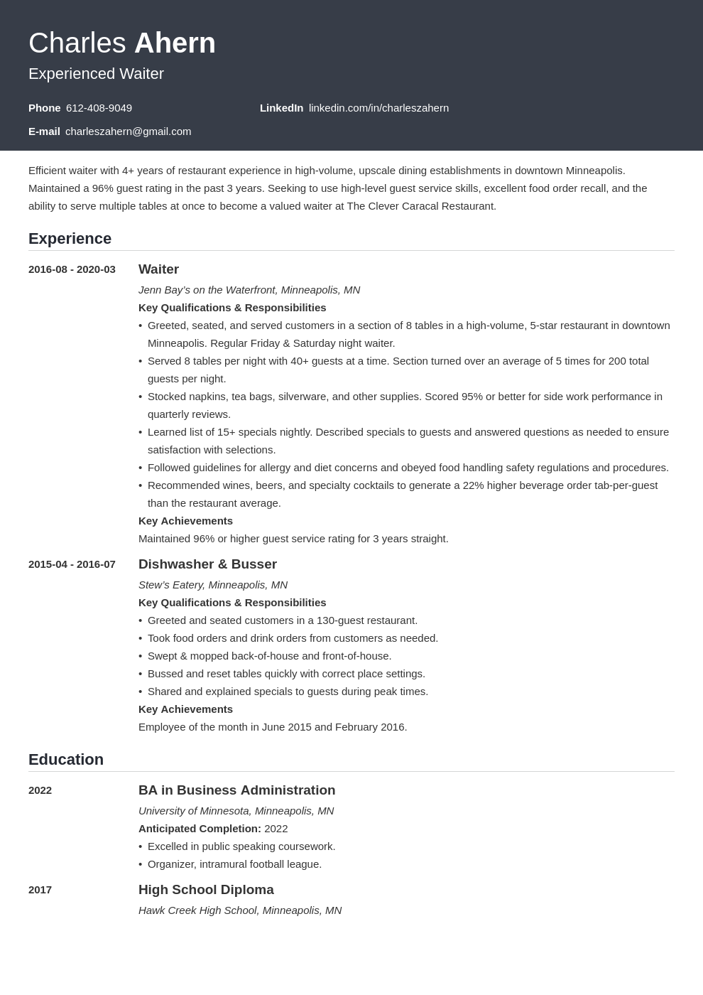 sample resume profile for waiter