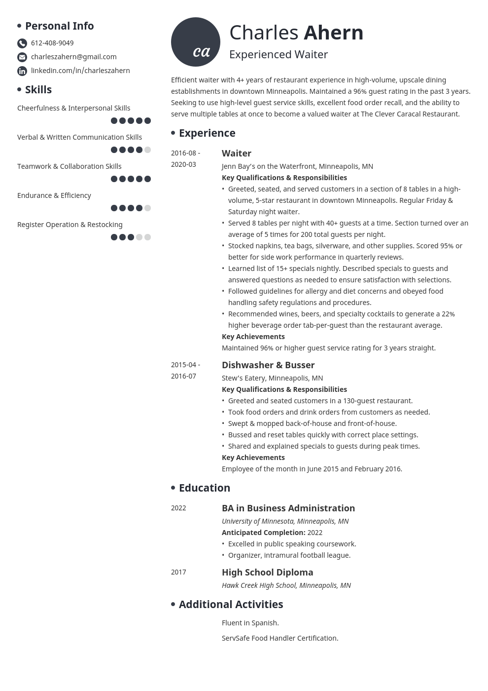 Waiter Resume Examples Guide Skills Job Description 
