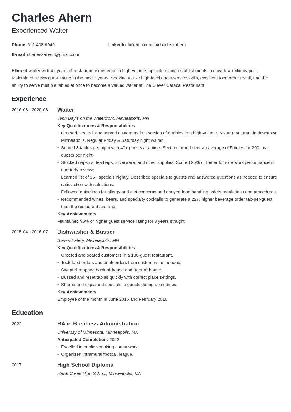 Waiter Resume Examples Guide Skills Job Description