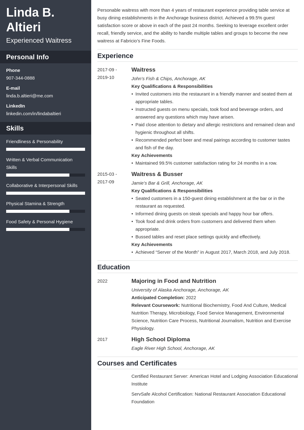 Waitress Resume Examples, Skill List, and How-To Guide