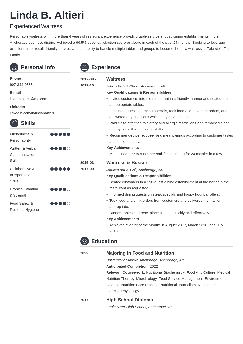 waiter waitress resume example template crisp