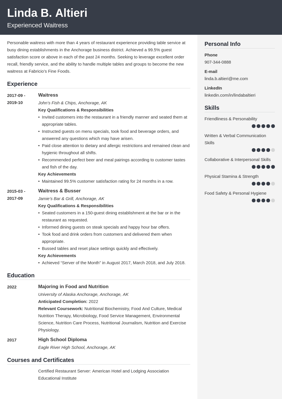 Head Waitress Resume Sample