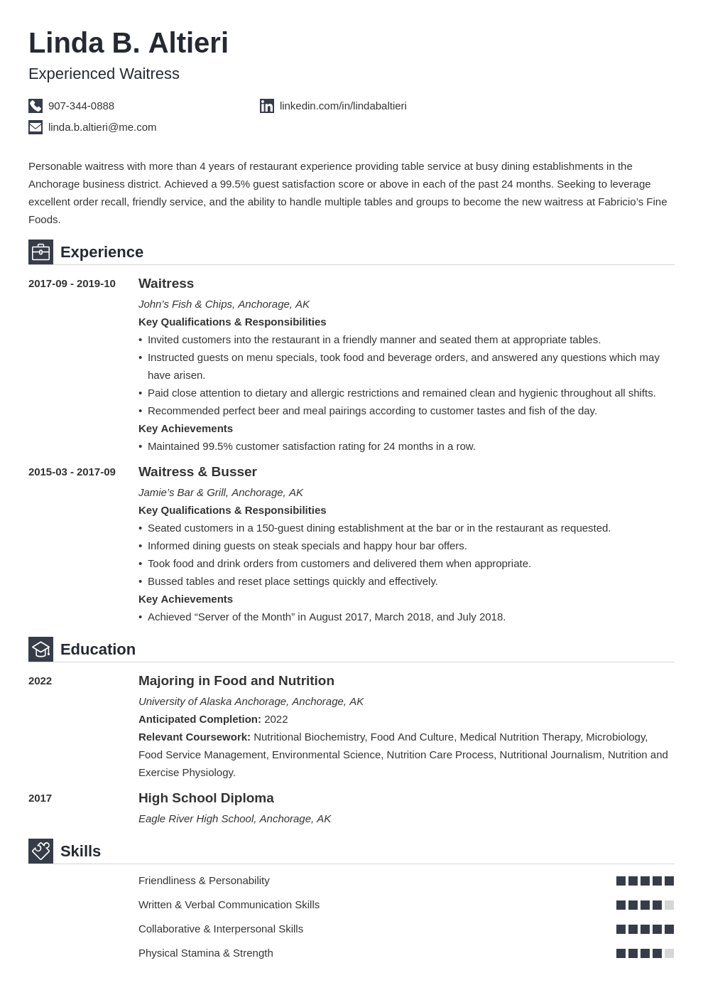 Waitress Resume Examples, Skill List, and HowTo Guide