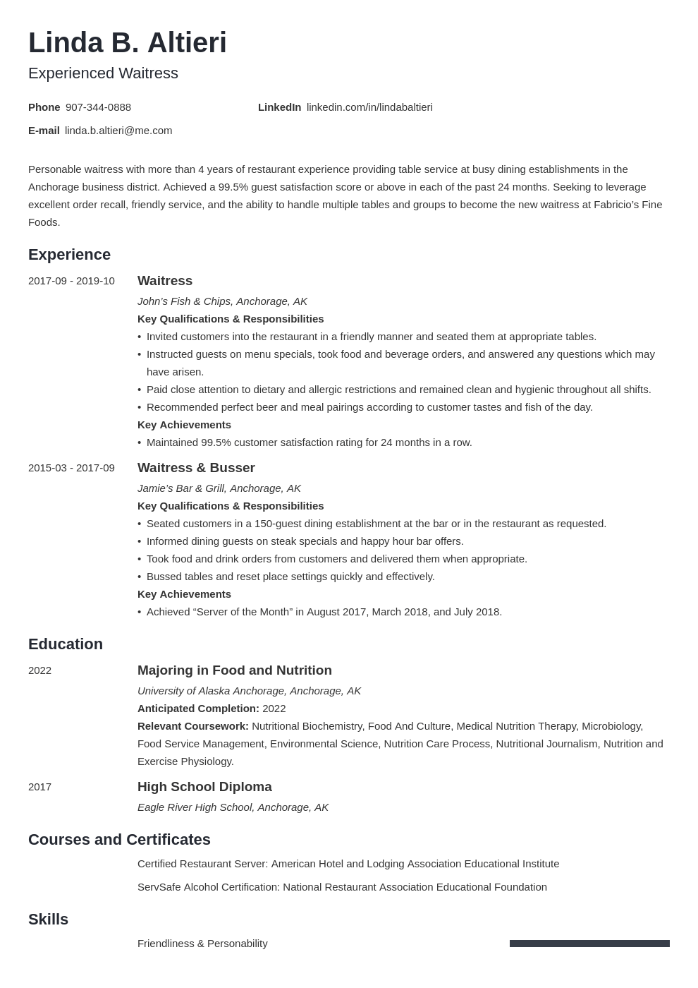 Waitress Resume Examples, Skill List, and HowTo Guide