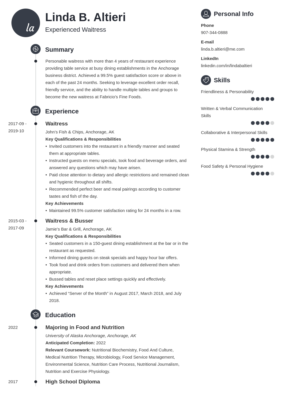 Example Objectives For Waitress Resume