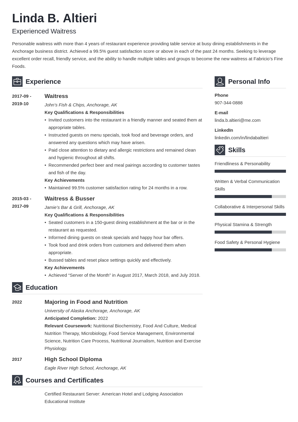 Waitress Resume Examples, Skill List, and HowTo Guide