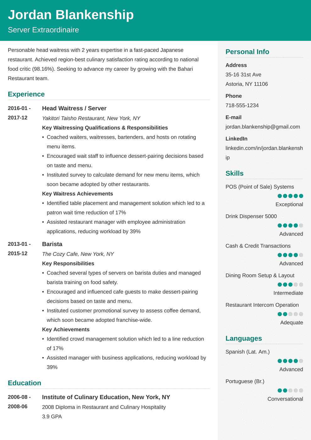 resume objective examples for waitress