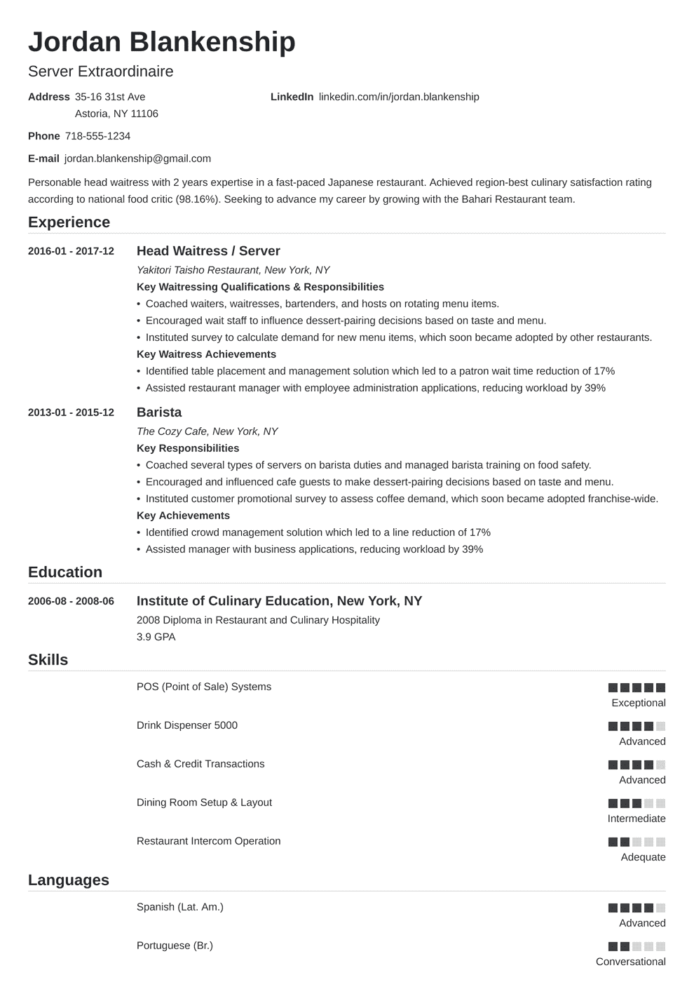 things to write on resume for waiter