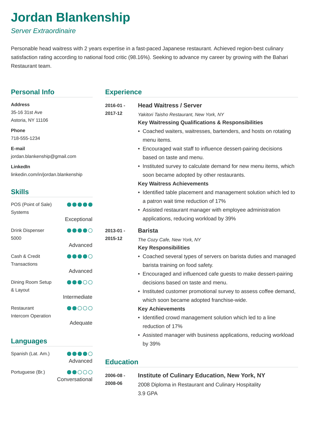 Waitress Resume Examples Skill List And How To Guide