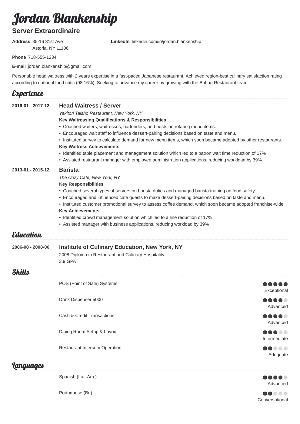 Waitress Resume Examples Skill List and How To Guide