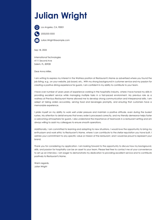 waitress cover letter example