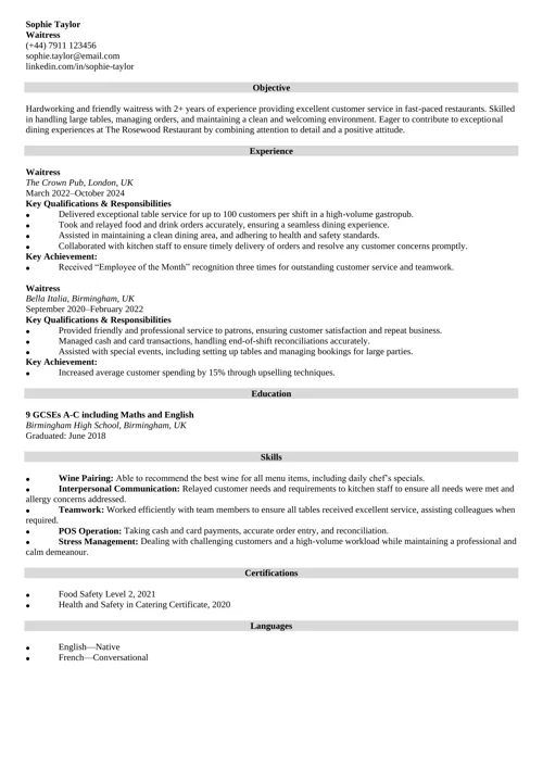 waitress CV example