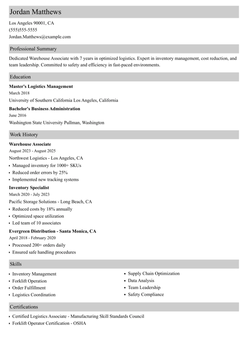 Warehouse Associate Resume Sample