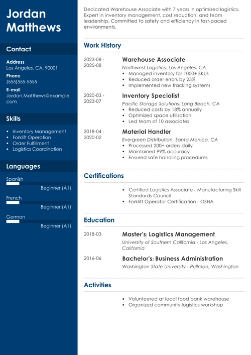 Warehouse Associate Resume Sample