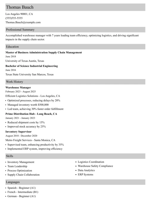 Warehouse Manager Resume Sample