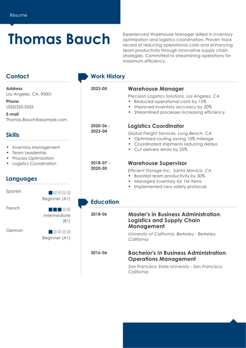 Warehouse Manager Resume Sample