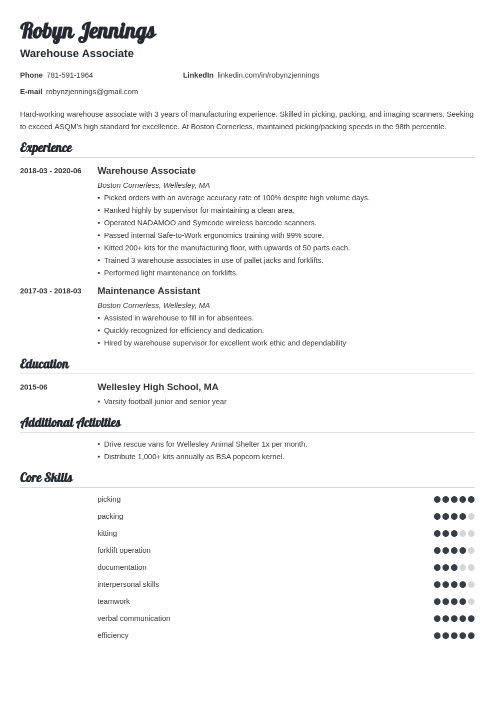 Warehouse Resume Template