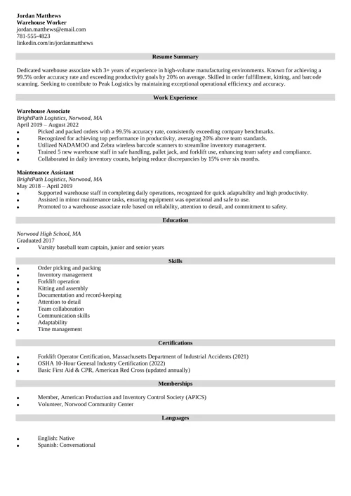 Warehouse Associate Resume Sample