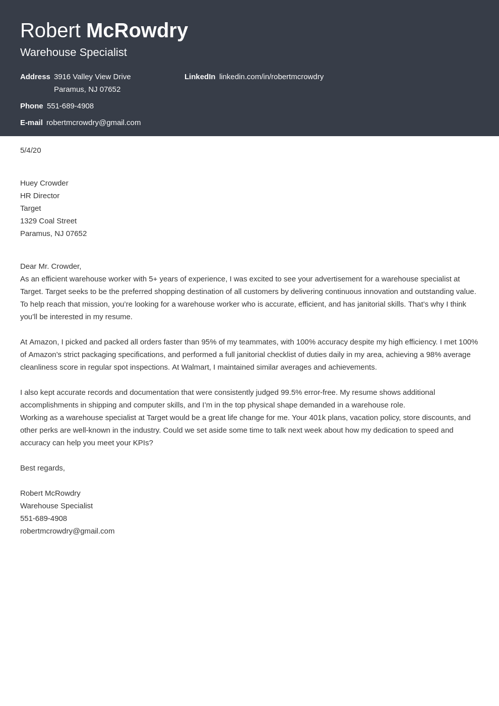 cover letter template word warehouse manager