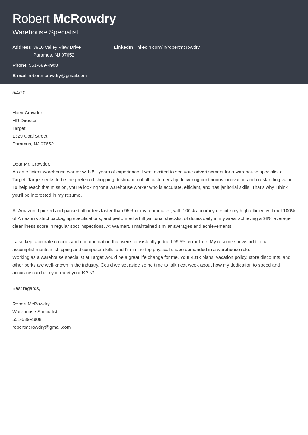 Warehouse Cover Letter Examples For Workers And Associates