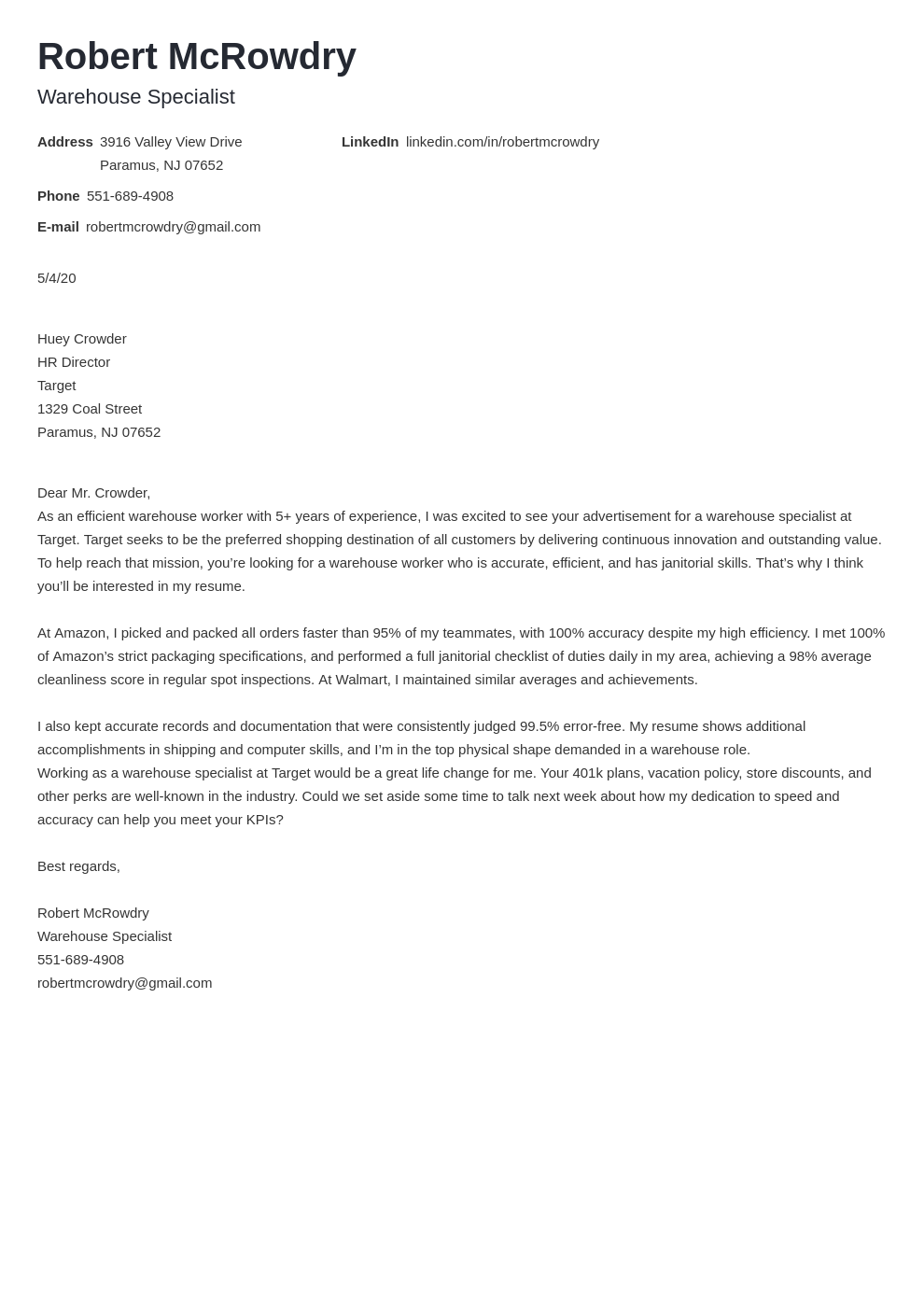 resume warehouse cover letter examples